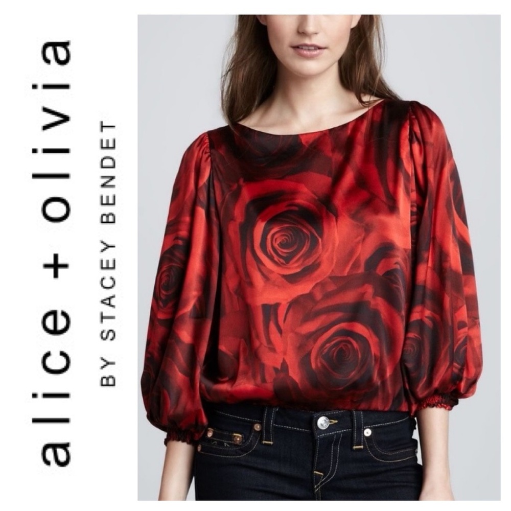 ⭐️Olivia + Alice Red Rose Silk Blouse Size XSmall